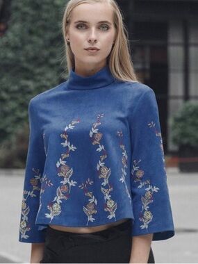 Zara Women Embroidered Royal Blue Floral  Vegan Suede